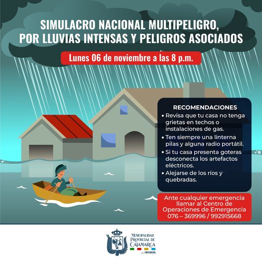 Este lunes 6 de noviembre a las 8:00 p.m. participa del Simulacro Nacional Multipeligro por Lluvias Intensas y Peligros Asociados
โ Evacรบa a zonas seguras.
๐ฃ Sigue las indicaciones de tus autoridades.