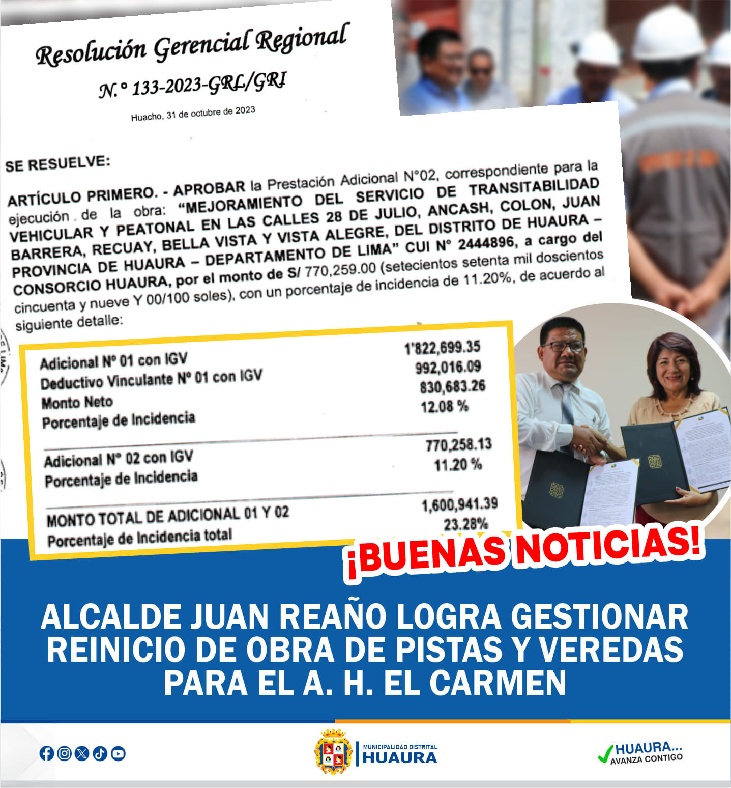 ALCALDE JUAN REAÑO LOGRA REINICIO DE OBRA DE PISTAS, VEREDAS Y MUROS DE CONTENCIÓN EN A.H EL CARMEN TRAS EXITOSA GESTIÓN ANTE EL GOBIERNO REGIONAL DE LIMA