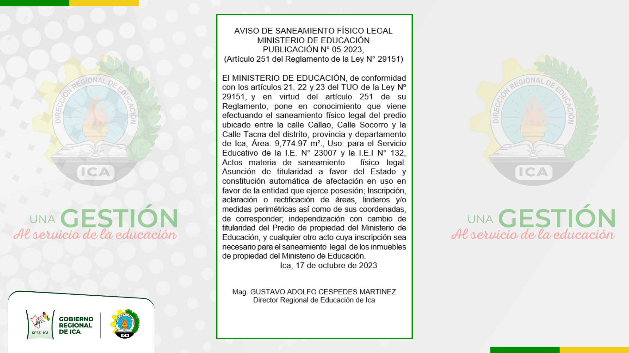 Aviso de saneamiento físico legal / Ministerio de Educación - publicación N.º 05-2023