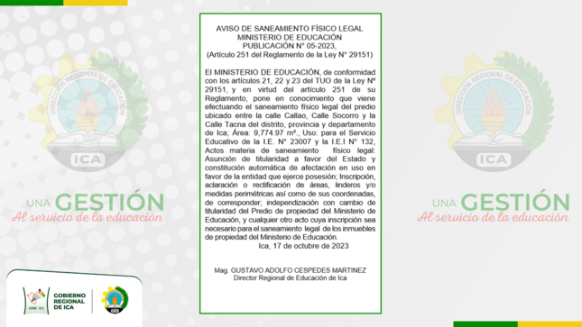 Aviso de saneamiento físico legal / Ministerio de Educación - publicación N.º 05-2023