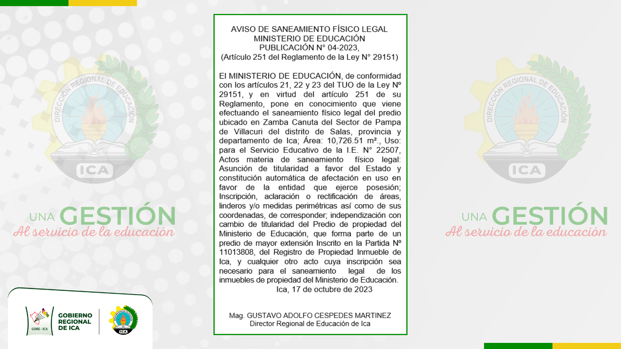 Aviso de saneamiento físico legal / Ministerio de Educación - publicación N.º 04-2023