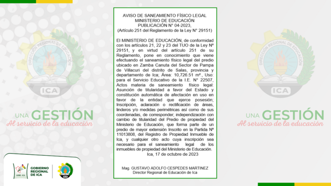 Aviso de saneamiento físico legal / Ministerio de Educación - publicación N.º 04-2023