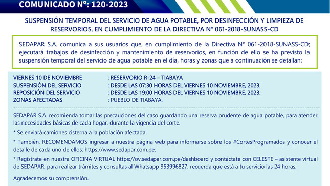 SUSPENSIÓN TEMPORAL DEL SERVICIO DE AGUA POTABLE, POR DESINFECCIÓN Y LIMPIEZA DE RESERVORIOS, EN CUMPLIMIENTO DE LA DIRECTIVA N° 061-2018-SUNASS-CD