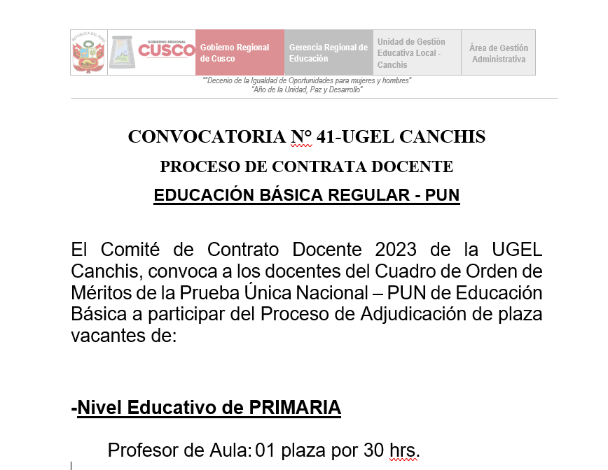 CONVOCATORIA N° 41-UGEL CANCHIS PROCESO DE CONTRATA DOCENTE
