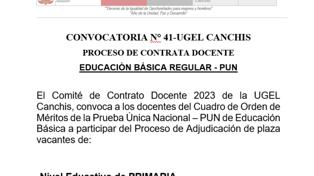 CONVOCATORIA N° 41-UGEL CANCHIS PROCESO DE CONTRATA DOCENTE