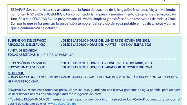 SUSPENSIÓN TEMPORAL DEL SERVICIO DE AGUA POTABLE, SOLICITADA POR LA JUNTA DE USUARIOS DE LA IRRIGACIÓN ENSENADA, MEJÍA - MOLLENDO, CON OFICIO N°219-2023-JUSIEMM/P