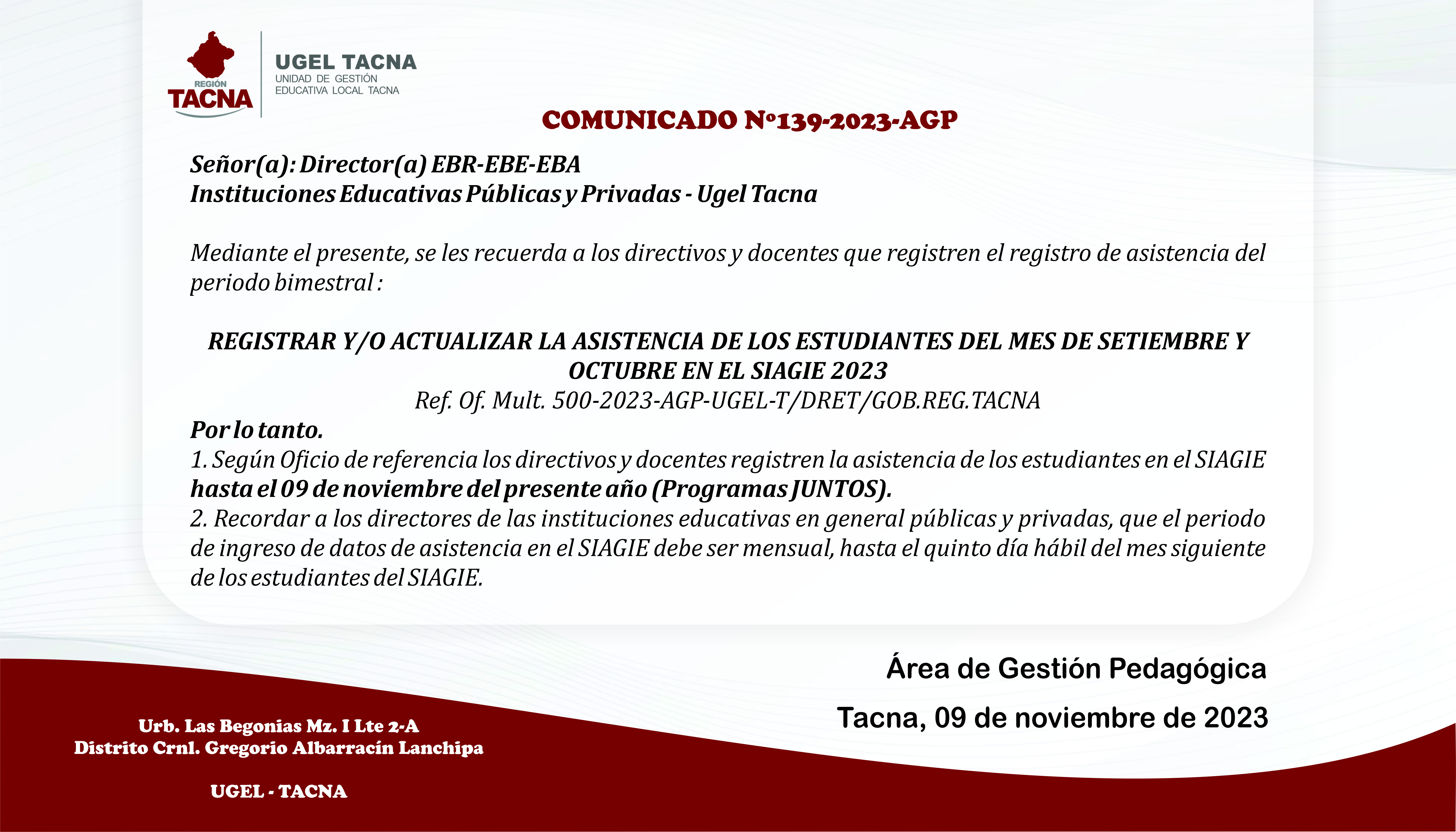 Comunicado Nº139-2023: SIAGIE Informa
