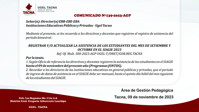 Comunicado Nº139-2023: SIAGIE Informa