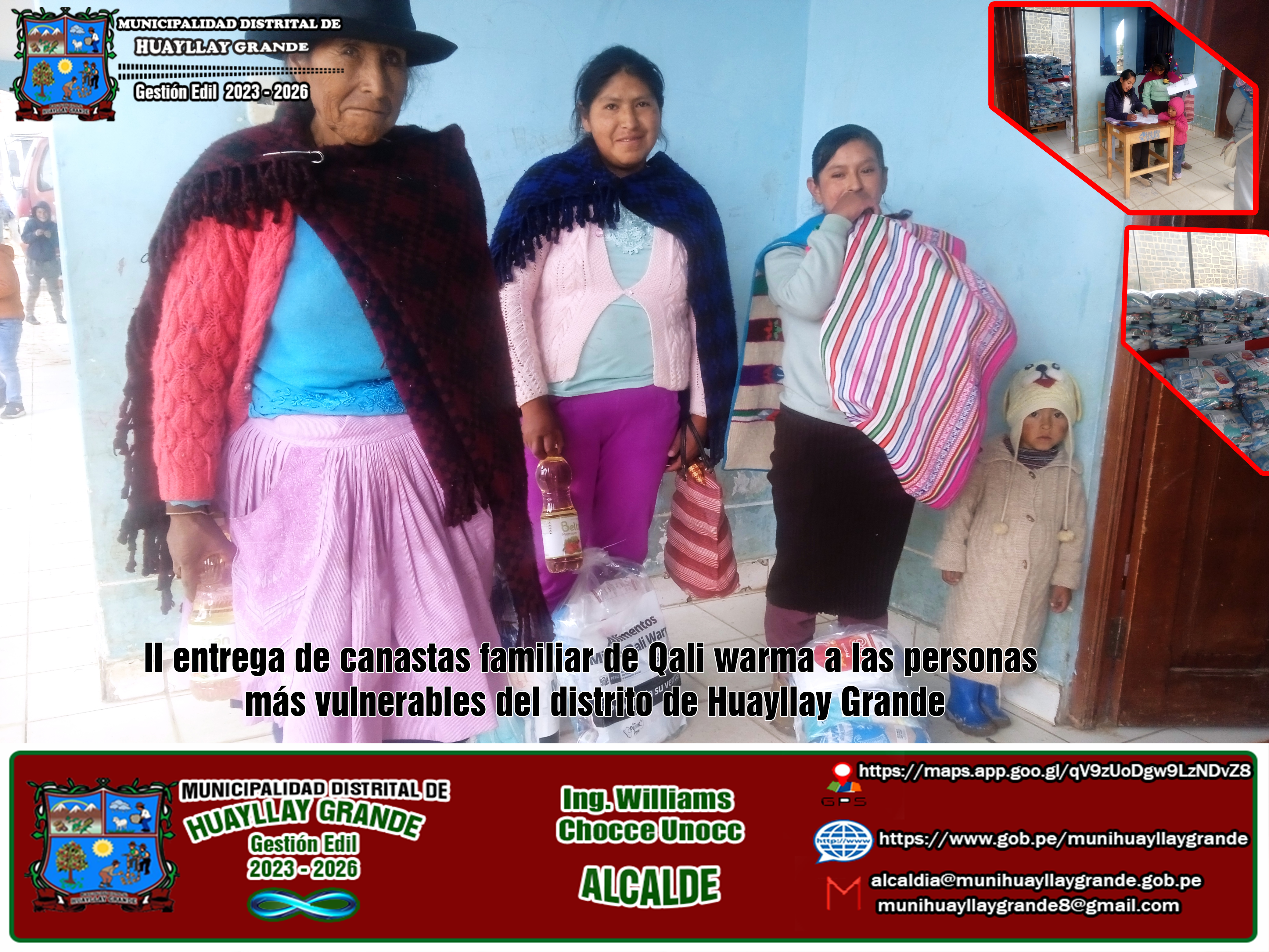 Se hace comunicado, a los beneficiarios el dia mañana 08 de noviembre a las 3:00pm se distribuirá los kids de canastas familiar de Qali warma a las personas más vulnerables del distrito de Huayllay Grande.