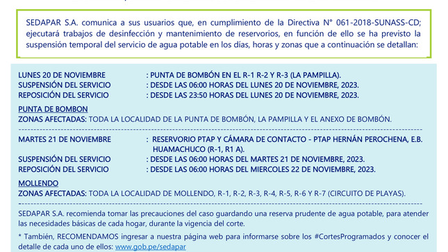 SUSPENSIÓN TEMPORAL DEL SERVICIO DE AGUA POTABLE, POR DESINFECCIÓN Y LIMPIEZA DE RESERVORIOS, EN CUMPLIMIENTO DE LA DIRECTIVA N° 061-2018-SUNASS-CD