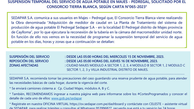 SUSPENSIÓN TEMPORAL DEL SERVICIO DE AGUA POTABLE EN MAJES - PEDREGAL, SOLICITADO POR EL CONSORCIO TIERRA BLANCA, SEGÚN CARTA N°065-2023°