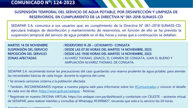 SUSPENSIÓN TEMPORAL DEL SERVICIO DE AGUA POTABLE, POR DESINFECCIÓN Y LIMPIEZA DE RESERVORIOS, EN CUMPLIMIENTO DE LA DIRECTIVA N° 061-2018-SUNASS-CD
