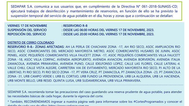 SUSPENSIÓN TEMPORAL DEL SERVICIO DE AGUA POTABLE, POR DESINFECCIÓN Y LIMPIEZA DE RESERVORIOS, EN CUMPLIMIENTO DE LA DIRECTIVA N° 061-2018-SUNASS-CD