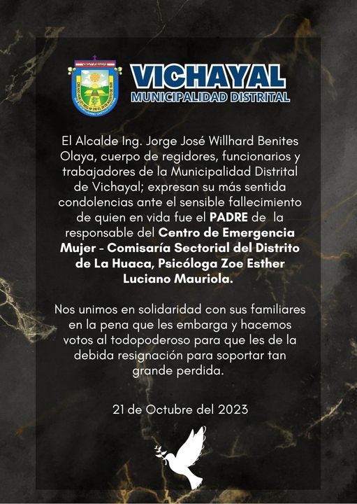  fallecimiento  PADRE de la responsable del Centro de Emergencia Mujer - Comisaría Sectorial del Distrito de La Huaca, Psicóloga Zoe Esther 