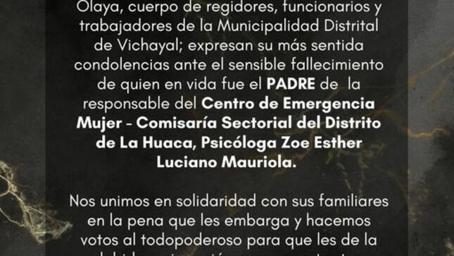  fallecimiento  PADRE de la responsable del Centro de Emergencia Mujer - Comisaría Sectorial del Distrito de La Huaca, Psicóloga Zoe Esther 