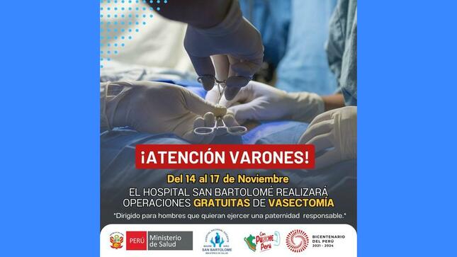 Hospital San Bartolomé ofrece inscripción online para campaña gratuita de vasectomía sin bisturí