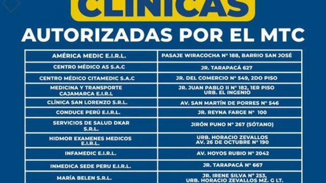 Aquí te contamos de todas las clínicas autorizadas por el Ministerio de Transportes y Comunicaciones para poder realizar tu examen médico y obtener tu licencia de conducir de vehículo menor.  
¡No te dejes sorprender por clínicas falsas! 🚫