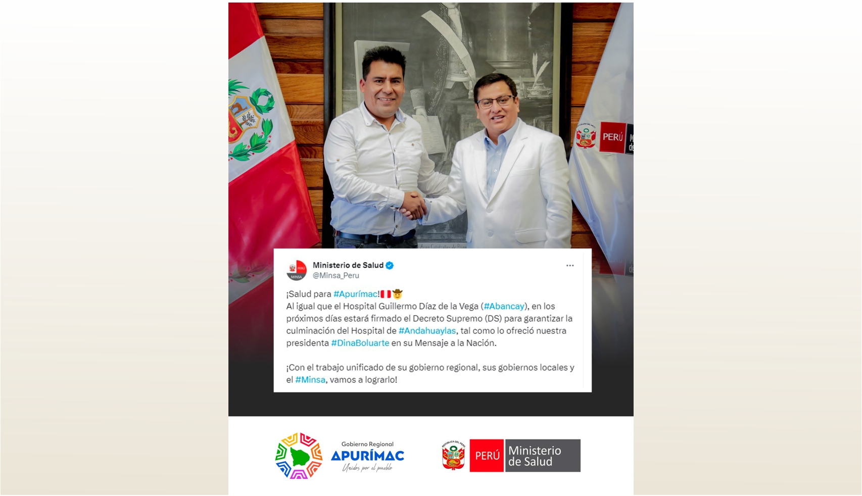 Ministerio de Salud firma decreto supremo para la ejecución del hospital de Abancay gracias a las gestiones realizadas del gobernador regional