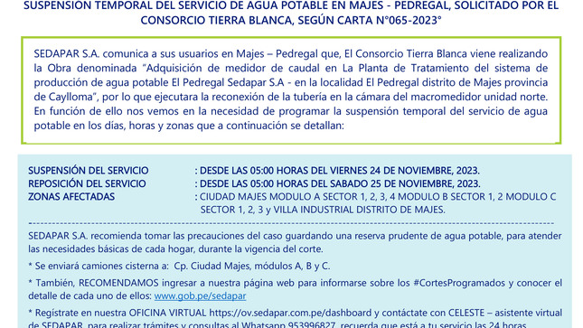 SUSPENSIÓN TEMPORAL DEL SERVICIO DE AGUA POTABLE EN MAJES - PEDREGAL, SOLICITADO POR EL CONSORCIO TIERRA BLANCA, SEGÚN CARTA N°065-2023°