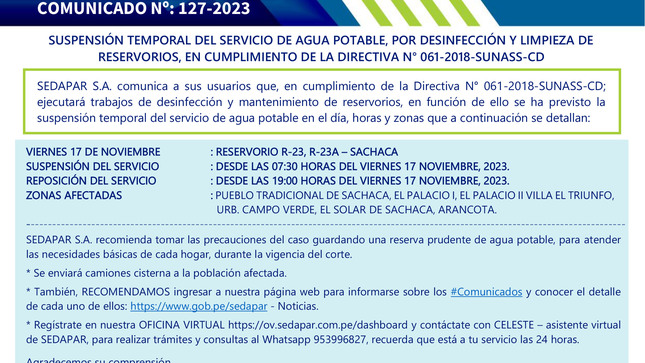 SUSPENSIÓN TEMPORAL DEL SERVICIO DE AGUA POTABLE, POR DESINFECCIÓN Y LIMPIEZA DE RESERVORIOS, EN CUMPLIMIENTO DE LA DIRECTIVA N° 061-2018-SUNASS-CD