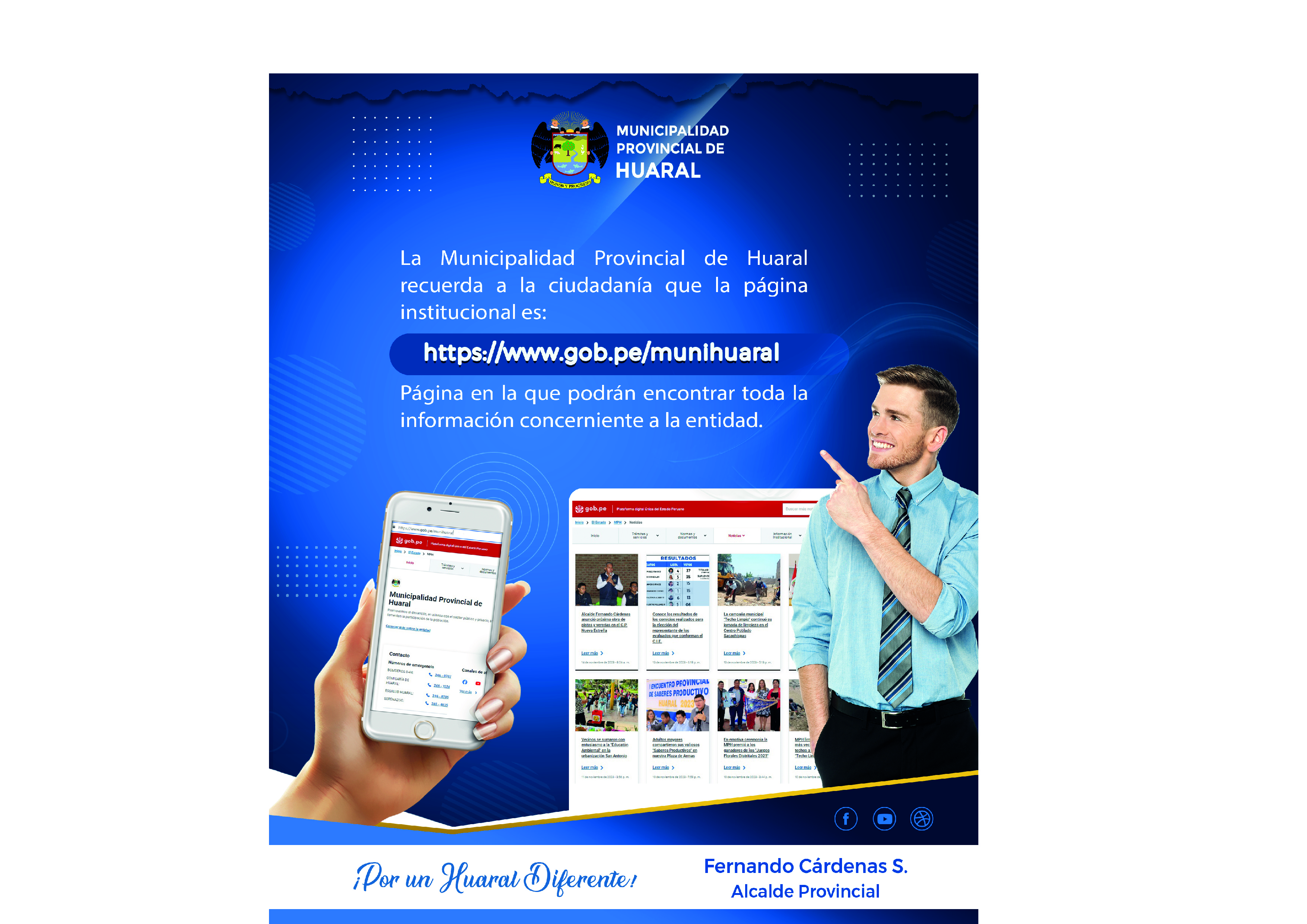 Nuestra página web www.gob.pe/munihuaral se encuentra desde el inicio de la gestión habilitada y ahí podrán informarse de las actividades, campañas y todo lo concerniente a la entidad