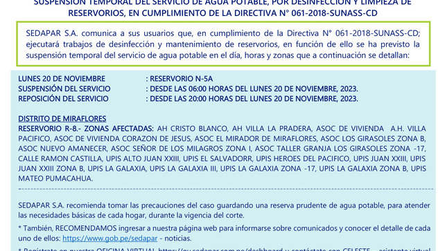 SUSPENSIÓN TEMPORAL DEL SERVICIO DE AGUA POTABLE, POR DESINFECCIÓN Y LIMPIEZA DE RESERVORIOS, EN CUMPLIMIENTO DE LA DIRECTIVA N° 061-2018-SUNASS-CD