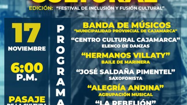 Este viernes regresamos con mucha música y danza  🎼
¡Ven y disfruta de nuestro Viernes Cultural! 
📍Pasaje de la Cultura
📅 Viernes 17 de noviembre
🕧 6:00 p. m. 
⚠️Recuerda: Si quieres formar parte de los viernes culturales, acércate a la oficina de comunicaciones en el complejo Qhapaq Ñan.
