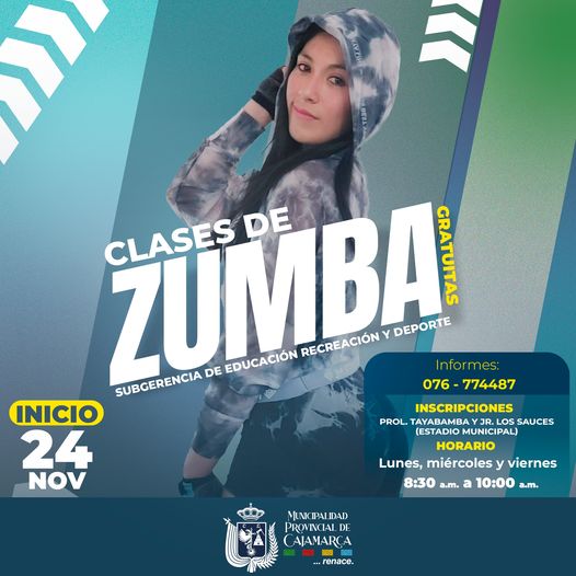 La subgerencia de Educación, Recreación y Deporte, invita a todos los amantes del ZUMBA a participar de nuestras clases GRATUITAS.
✍Inscríbete en nuestras oficinas en el Estadio Municipal y juntos fomentemos el deporte.
💪INICIO: 24 DE NOVIEMBRE