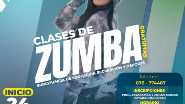 La subgerencia de Educación, Recreación y Deporte, invita a todos los amantes del ZUMBA a participar de nuestras clases GRATUITAS. 
✍Inscríbete en nuestras oficinas en el Estadio Municipal y juntos fomentemos el deporte. 
💪INICIO: 24 DE NOVIEMBRE 