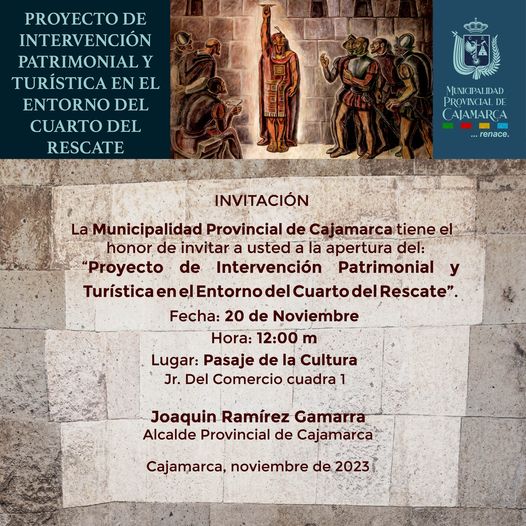 Te invitamos a ser parte de la apertura del Proyecto de Intervención Patrimonial y Turística en el entorno del Cuarto del Rescate 🔍
📍Pasaje de la Cultura, cuadra 1 de Jr. El Comercio