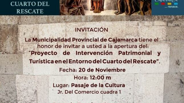 Te invitamos a ser parte de la apertura del Proyecto de Intervención Patrimonial y Turística en el entorno del Cuarto del Rescate 🔍
📍Pasaje de la Cultura, cuadra 1 de Jr. El Comercio