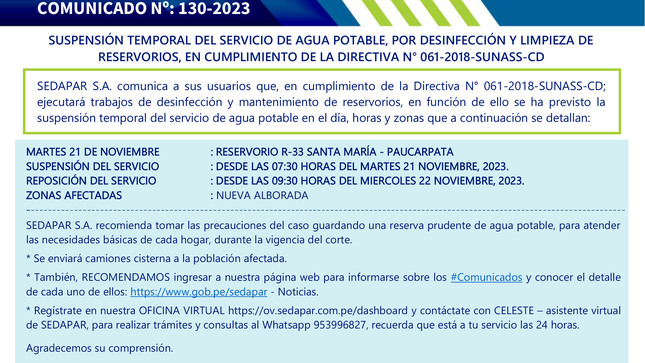 SUSPENSIÓN TEMPORAL DEL SERVICIO DE AGUA POTABLE, POR DESINFECCIÓN Y LIMPIEZA DE RESERVORIOS, EN CUMPLIMIENTO DE LA DIRECTIVA N° 061-2018-SUNASS-CD