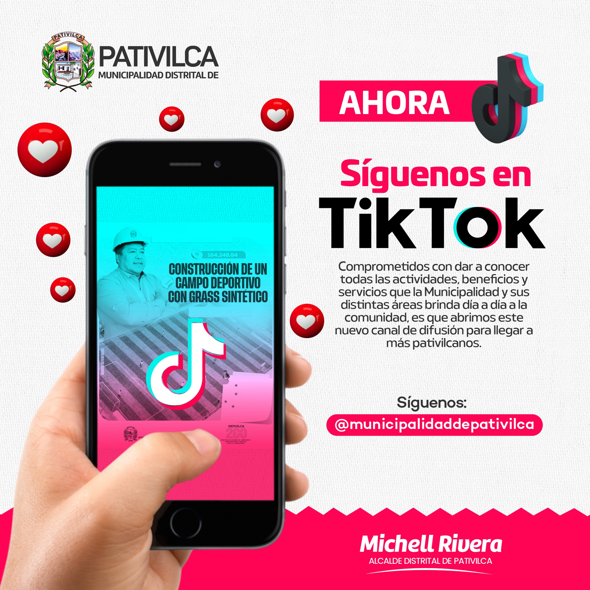 ¡𝗬𝗔 𝗘𝗦𝗧𝗔𝗠𝗢𝗦 𝗘𝗡 𝗧𝗜𝗞𝗧𝗢𝗞!
📲🙌🏻 Comprometidos con dar a conocer todas las actividades, beneficios y servicios que la Municipalidad Distrital de Pativilca y sus distintas áreas brinda día a día a la comunidad, es que abrimos este nuevo canal de difusión para llegar a más pativilcanos.
😃 Tienes que estar atento, porque tendremos diversos contenidos para disfrutar e informarnos.
👉❤️ Síguenos en Tik Tok : https://www.tiktok.com/@municipalidaddepativilca...
🤝 #MichellRivera
#AlcaldeDePativilca
#MunicipalidadDePativilca