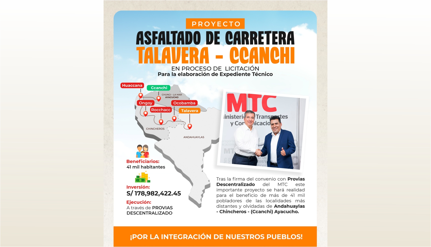 Proyecto de asfaltado de carretera Talavera - Pulkay - Ccanchy en proceso de licitación para la elaboración de su expediente técnico