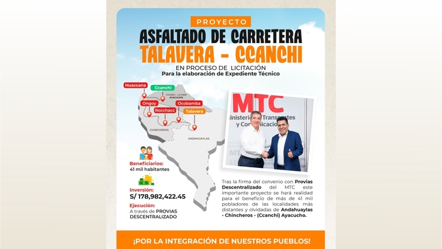 Proyecto de asfaltado de carretera Talavera - Pulkay - Ccanchy en proceso de licitación para la elaboración de su expediente técnico