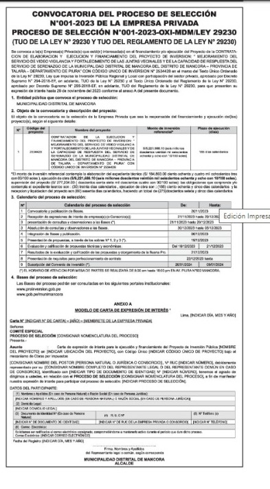 Convocatoria del Proceso de selección N°001-2023 DE LA EMPRESA PRIVADA  PROCESO DE SELEECION N°001-2023-OXI-MDM/LEY 29230