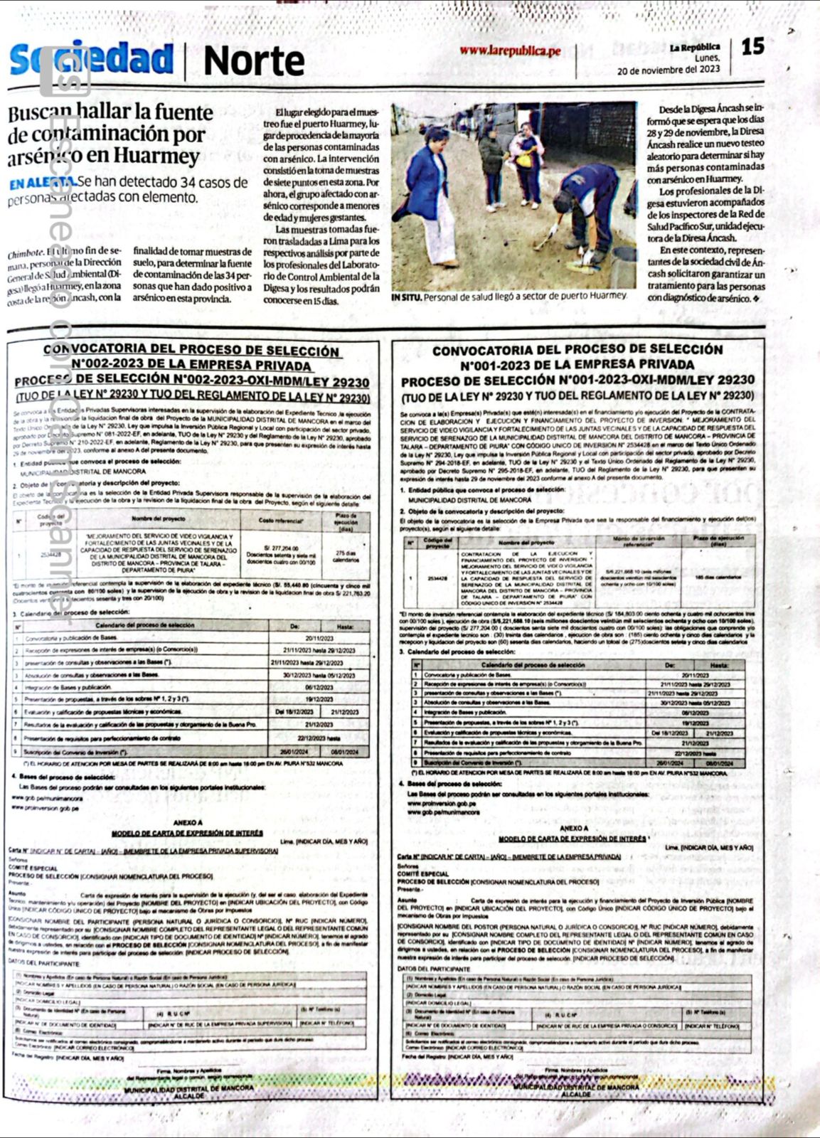 Convocatoria del Proceso de selección N°001-2023 DE LA EMPRESA PRIVADA PROCESO DE SELEECION N°001-2023-OXI-MDM/LEY 29230
