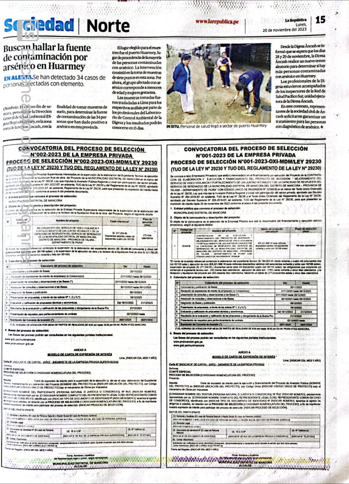 Convocatoria del Proceso de selección N°001-2023 DE LA EMPRESA PRIVADA  PROCESO DE SELEECION N°001-2023-OXI-MDM/LEY 29230