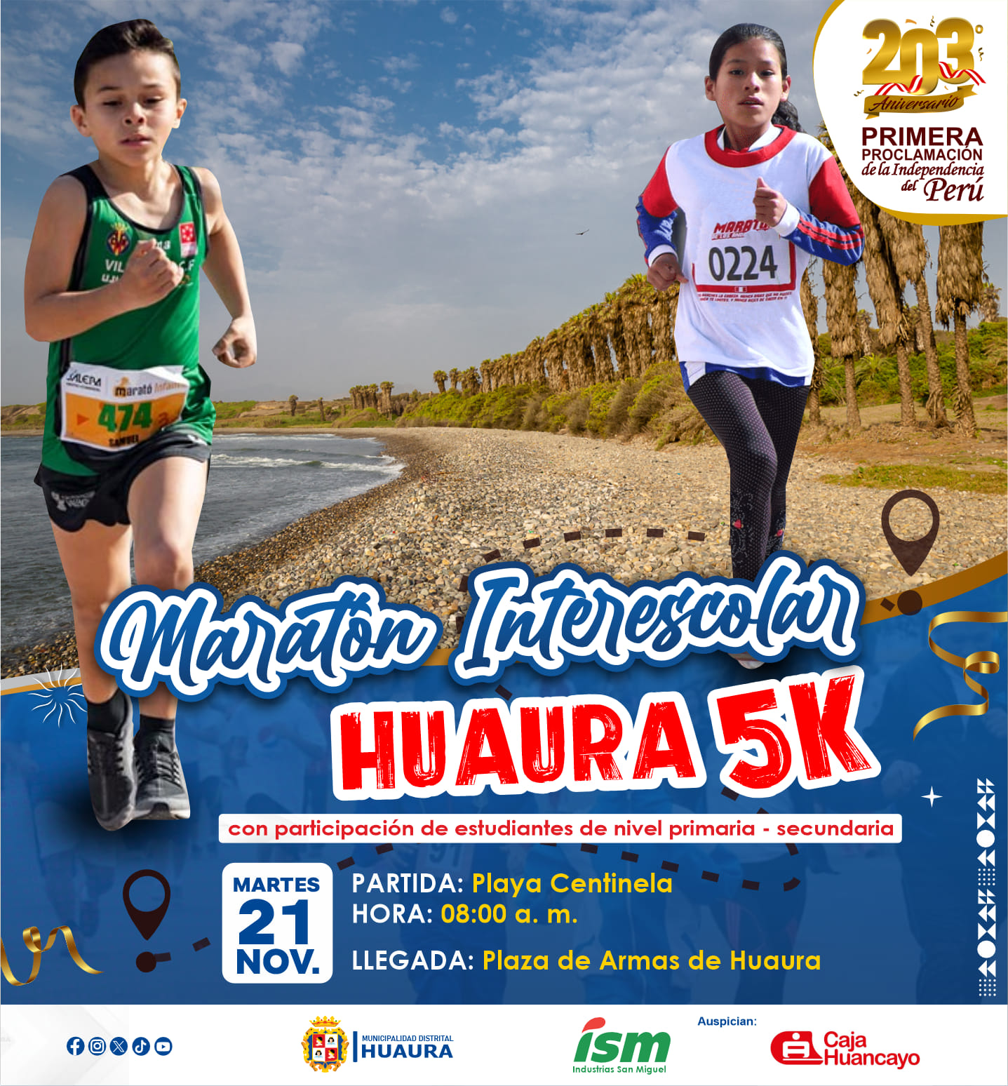 #MAÑANA MUNICIPIO DE HUAURA ORGANIZA MARATÓN INTERESCOLAR PROVINCIAL “HUAURA 5K” POR EL 203° ANIVERSARIO DEL PRIMER GRITO DE LIBERTAD EN SU DISTRITO