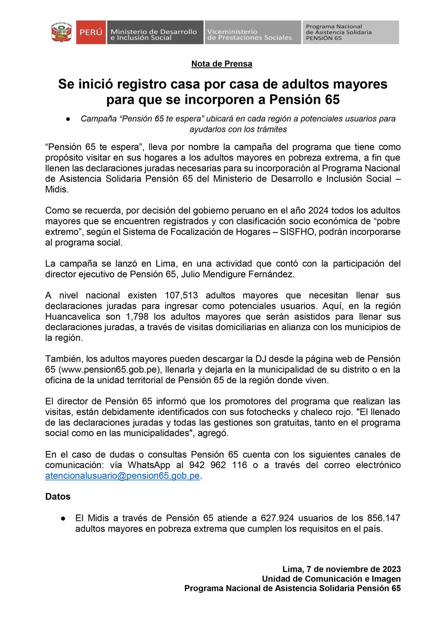 Se inició registro casa por casa de adultos mayores para que se incorporen al Programa Nacional Pensión 65. De la Municipalidad Distrital de Paucará