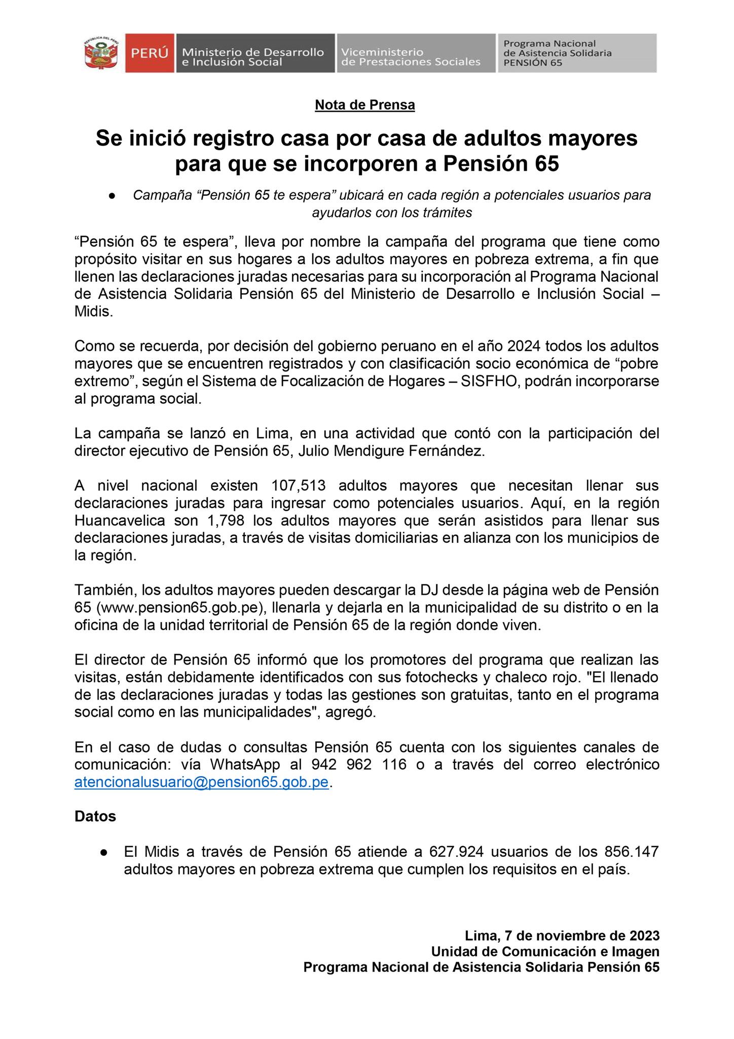 Se inició registro casa por casa de adultos mayores para que se incorporen al Programa Nacional  Pensión 65. De la Municipalidad Distrital de Paucará