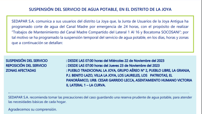 SUSPENSIÓN DEL SERVICIO DE AGUA POTABLE, EN EL DISTRITO DE LA JOYA
