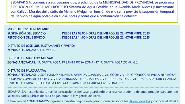 
SUSPENSIÓN TEMPORAL DEL SERVICIO DE AGUA POTABLE, A SOLICITUD DE LA MUNICIPALIDAD DE PROVINCIAL, POR EJECUCIÓN DE EMPALME