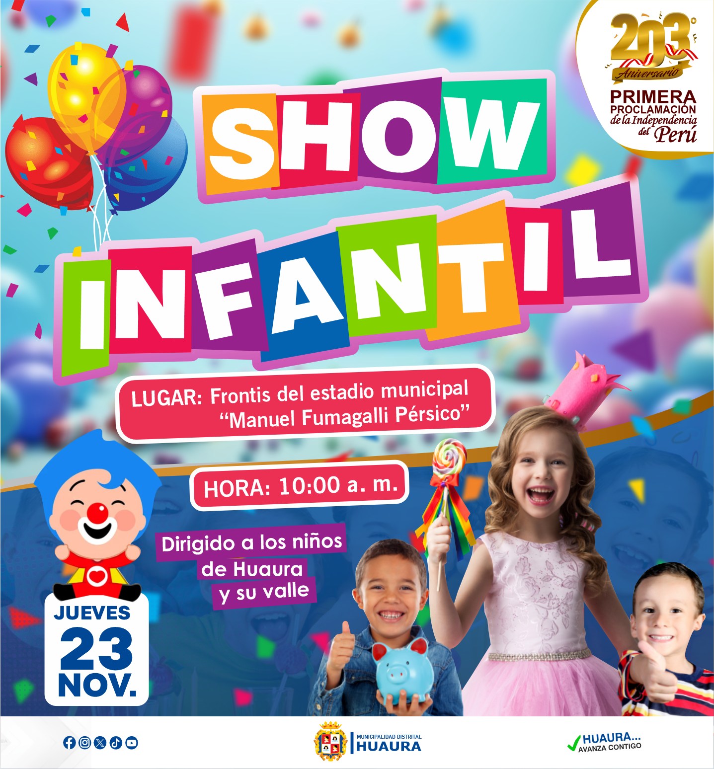 GRAN SHOW INFANTIL ESTE JUEVES 23 NOVIEMBRE EN EL FRONTIS DEL ESTADIO MUNICIPAL DE HUAURA