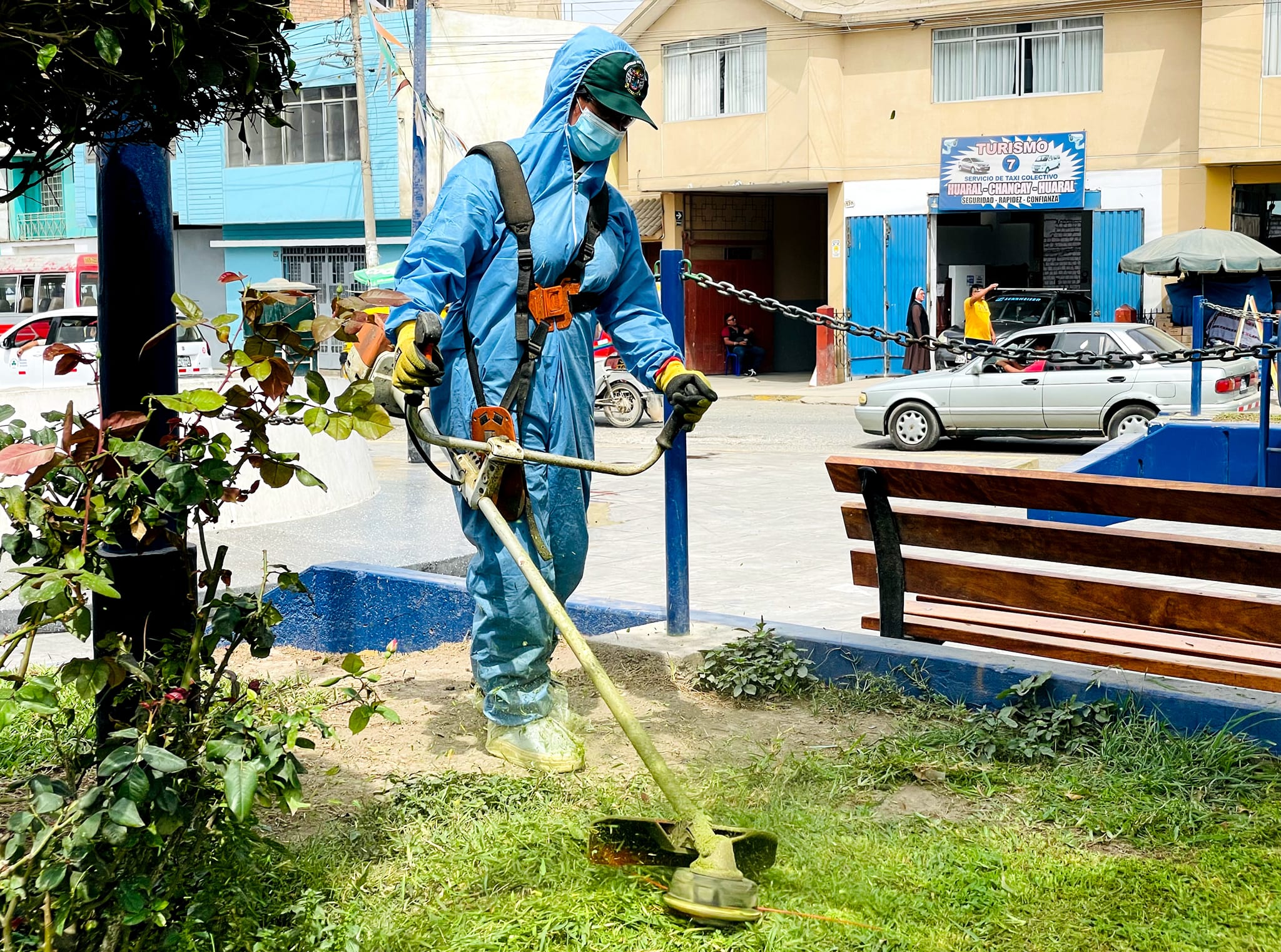 Municipalidad provincial de Huaral realizΓ³ el mantenimiento de Γ‘reas verdes de la Plaza Centenario