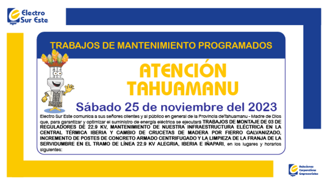 ¡ATENCIÓN TAHUAMANU! CORTE PROGRAMADO
