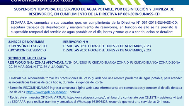 SUSPENSIÓN TEMPORAL DEL SERVICIO DE AGUA POTABLE, POR DESINFECCIÓN Y LIMPIEZA DE RESERVORIOS, EN CUMPLIMIENTO DE LA DIRECTIVA N° 061-2018-SUNASS-CD