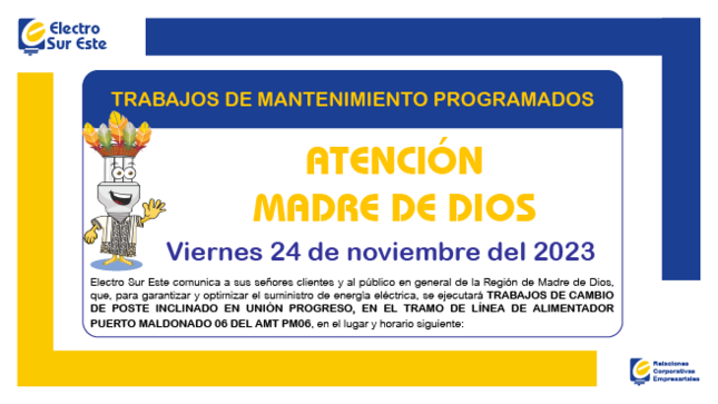 ¡ATENCIÓN MADRE DE DIOS! CORTE PROGRAMADO
