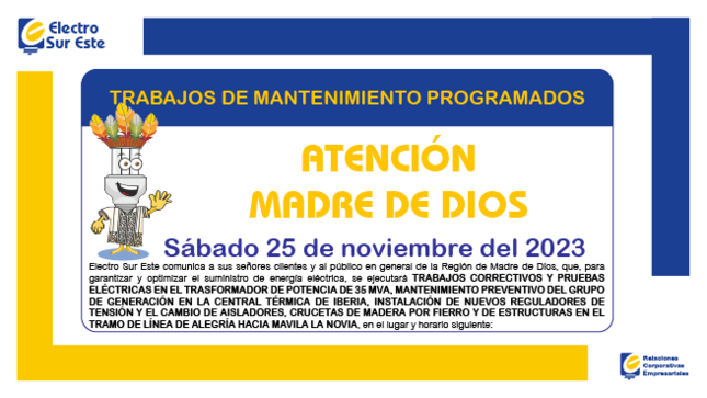 ¡ATENCIÓN MADRE DE DIOS! CORTE PROGRAMADO
