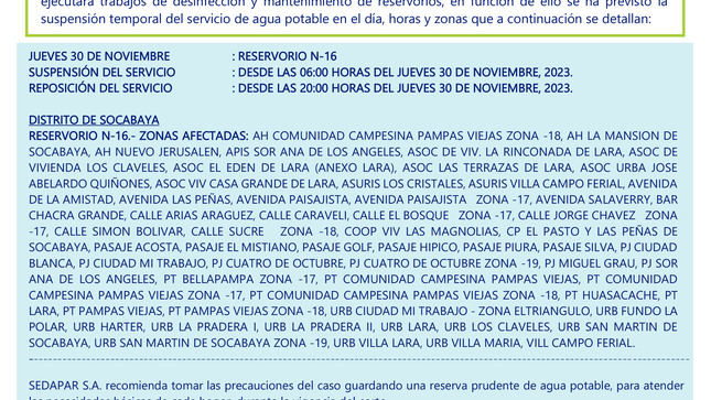 SUSPENSIÓN TEMPORAL DEL SERVICIO DE AGUA POTABLE, POR DESINFECCIÓN Y LIMPIEZA DE RESERVORIOS, EN CUMPLIMIENTO DE LA DIRECTIVA N° 061-2018-SUNASS-CD - JUEVES 30 DE NOVIEMBRE